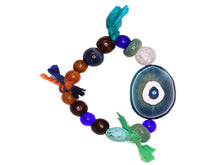 Load image into Gallery viewer, Handmade Hand Painted Evil Eye Bohemian Colorful Brown/Blue Beaded Bracelet with Blue/Green Tassels - #0001
