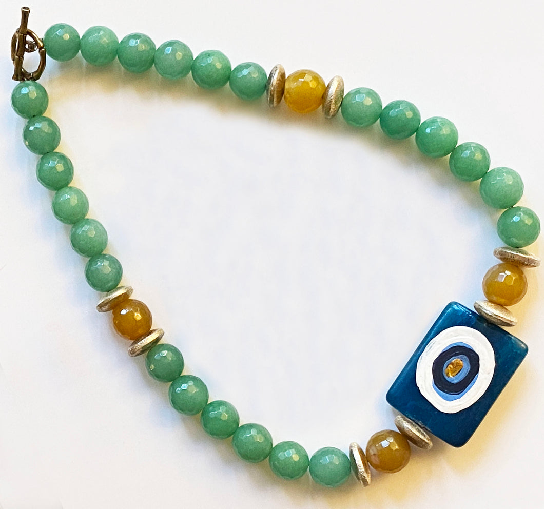 Green Beaded Necklace with Hand-Painted Evil Eye Pendant - #1006