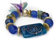 Load image into Gallery viewer, Two Sided Handmade and Handpainted Blue Beaded Hamsa &amp; Evil Eye Bracelet - #0060
