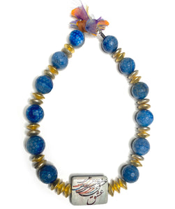 Eshg (Love) Decoupaged Handmade Blue & Gold Beaded Necklace - #0090