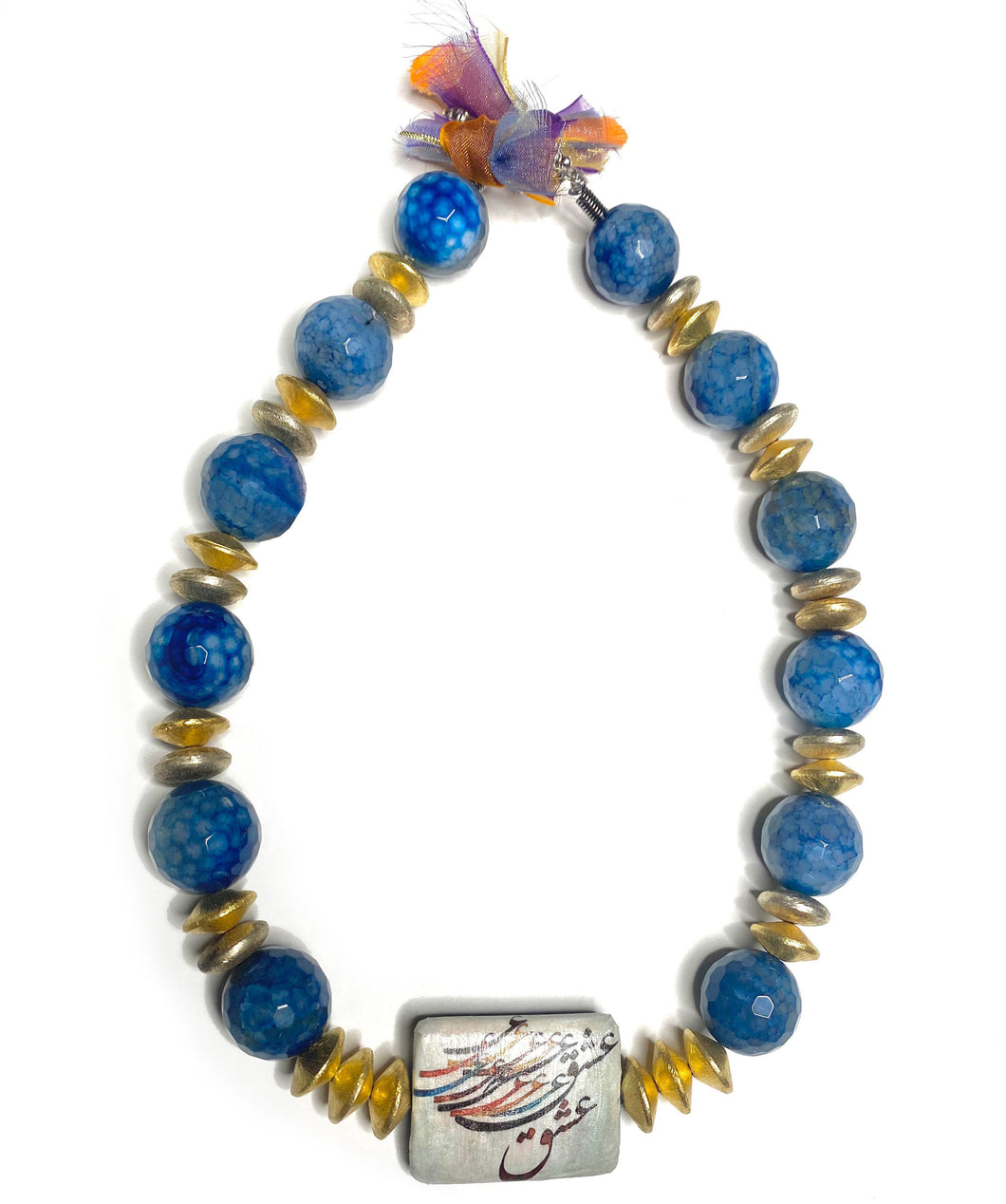 Eshg (Love) Decoupaged Handmade Blue & Gold Beaded Necklace - #0090