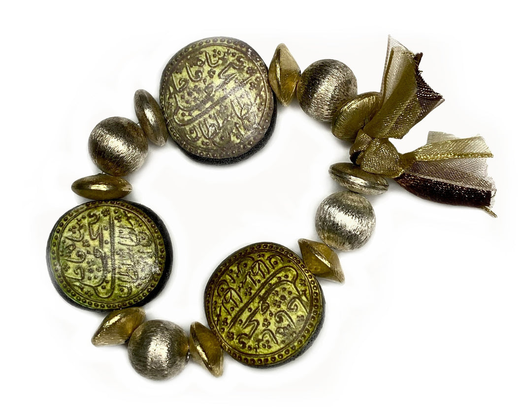 Fathali Shah - Double Sided Decoupaged Handmade Gold Color Bracelet - #0062