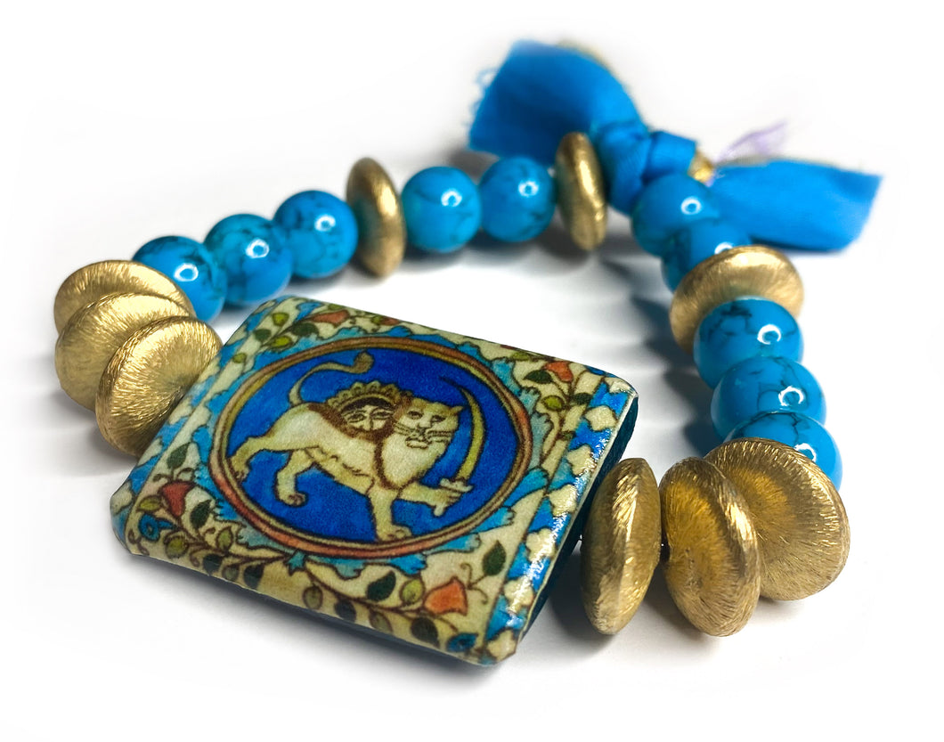 Blue & Gold Lion and the Sun Beaded Bracelet with Blue Tassels - #0069