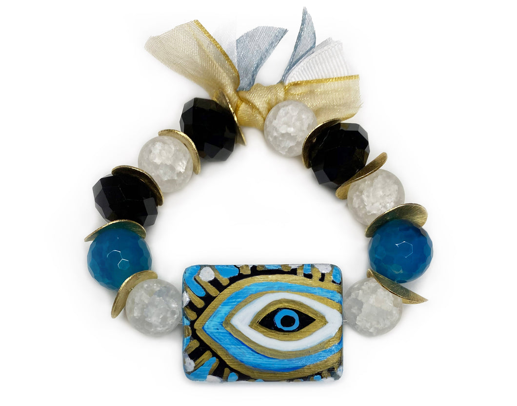 Blue/Black/White Beaded Bracelet with Hand Painted Evil Eye #77