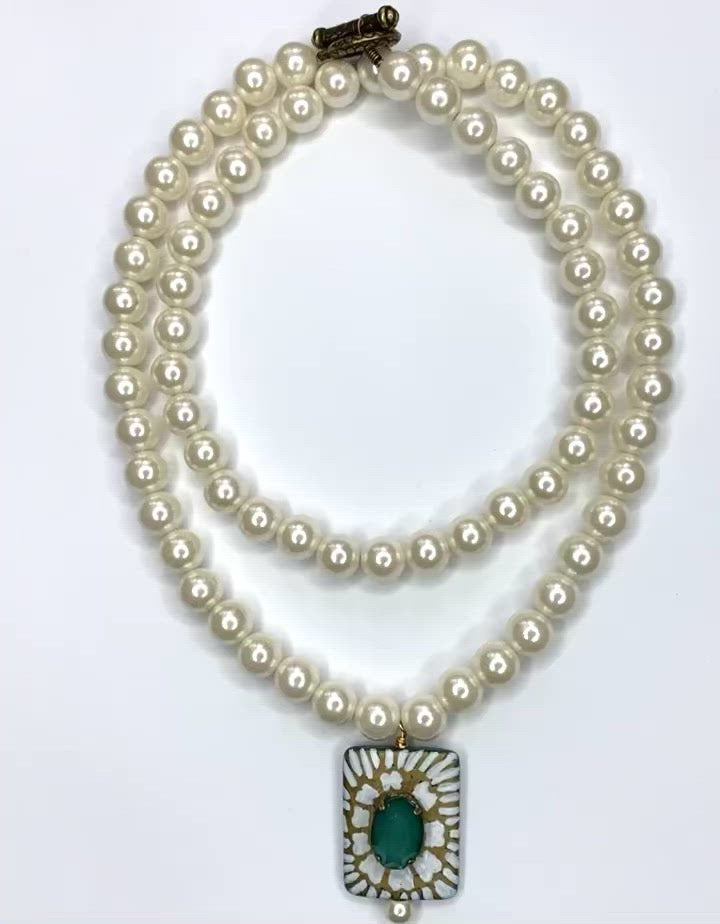 Handmade White Peal Bead Necklace with Hand Painted Center Pierce