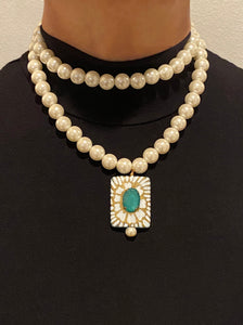 Handmade White Peal Bead Necklace with Hand Painted Center Pierce with Green Emerald Bead - #89