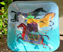 Load image into Gallery viewer, Bird Hand Painted and Cyan Decoupage Plate - Frolicking Horses
