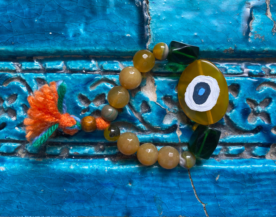 Handmade Bohemian Yellow and Green Evil Eye Beaded Bracelet With Orange and Green Tassel - #0032