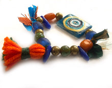 Load image into Gallery viewer, Gold Evil Eye Bohemian Blue/Orange/Green Beaded Bracelet with Orange Tassel - #0059
