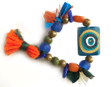 Load image into Gallery viewer, Gold Evil Eye Bohemian Blue/Orange/Green Beaded Bracelet with Orange Tassel - #0059
