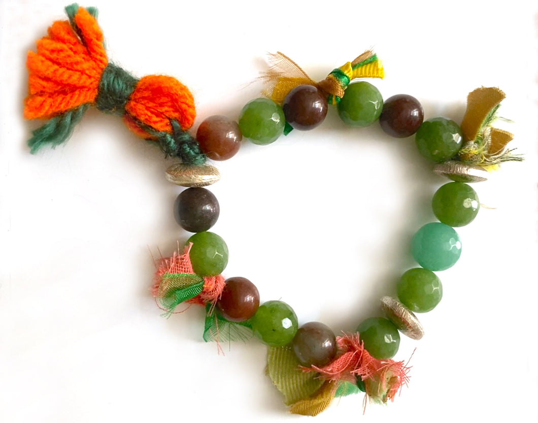 Green and Brown Bohemian Beaded Bracelet with Orange and Dark Green Tassel - #0058