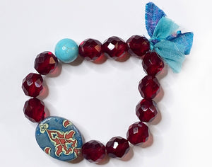 Handmade Red and Blue Beaded Floral Bracelet - #0056