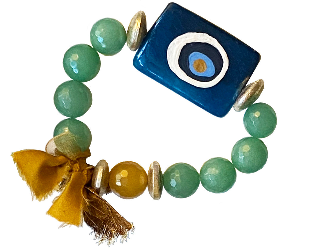 Handmade Bohemian Style Green Beaded Bracelet with Hand-Painted Evil Eye - #0055