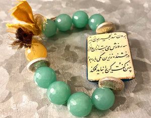 Handmade Bohemian Style Green Beaded Bracelet with Persian Shahnameh Poem - #0054