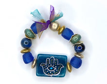 Load image into Gallery viewer, Two Sided Handmade and Handpainted Blue Beaded Hamsa &amp; Evil Eye Bracelet - #0060
