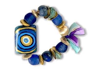 Two Sided Handmade and Handpainted Blue Beaded Hamsa & Evil Eye Bracelet - #0060