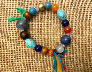 Handmade Bohemian Vibrant Blue/Bronze Beaded Bracelet with Green/Yellow Tassels - #0048