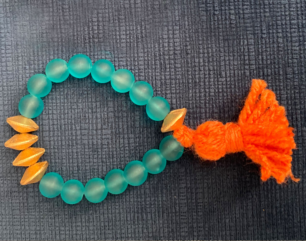 Handmade Bohemian Gold/Turquoise Beaded Bracelet with International Orange Tassel - #0049