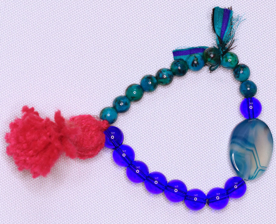 Navy/Teal Beaded Bracelet with Red Tassel - #0005