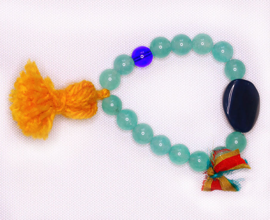 Turquoise and Navy Beaded Bracelet with Light Orange Tassel - #0006