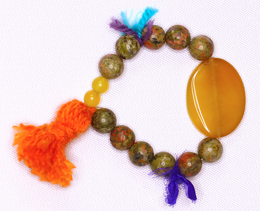 Olive/Red and Yellow Beaded Bracelet with Orange Tassel - #0008