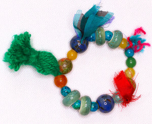 Handmade Bohemian Vivid and Colorful (Blue, Green, and Red) Beaded Bracelet With Green Tassel - #0009