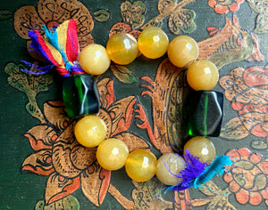 Handmade Bohemian Turmeric/Buddha Gold and Green Beaded Bracelet with Blue/Red/Yellow Tassels - #0044