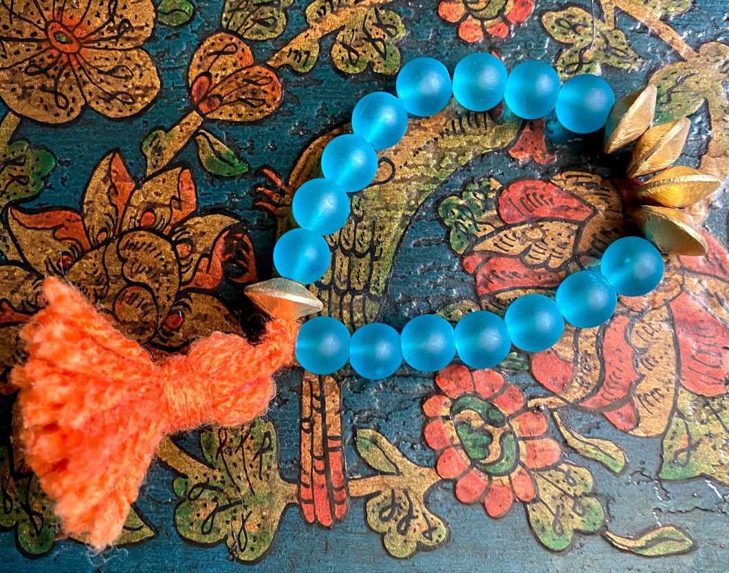 Handmade Bohemian Turquoise and Gold Beaded Bracelet with Orange Tassel - #0037