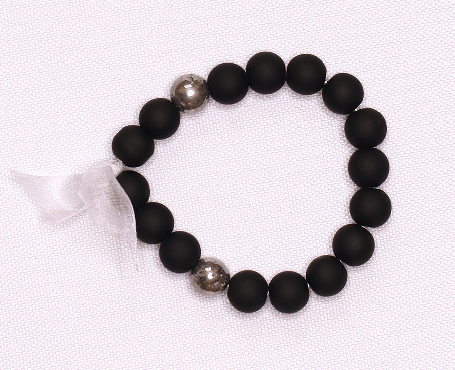 Black and Silver Beaded Bracelet Bracelet with White Tassel - #0010