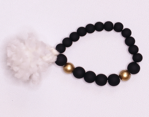 Matte Black/Gold Beaded Bracelet with White Tassel - #0011