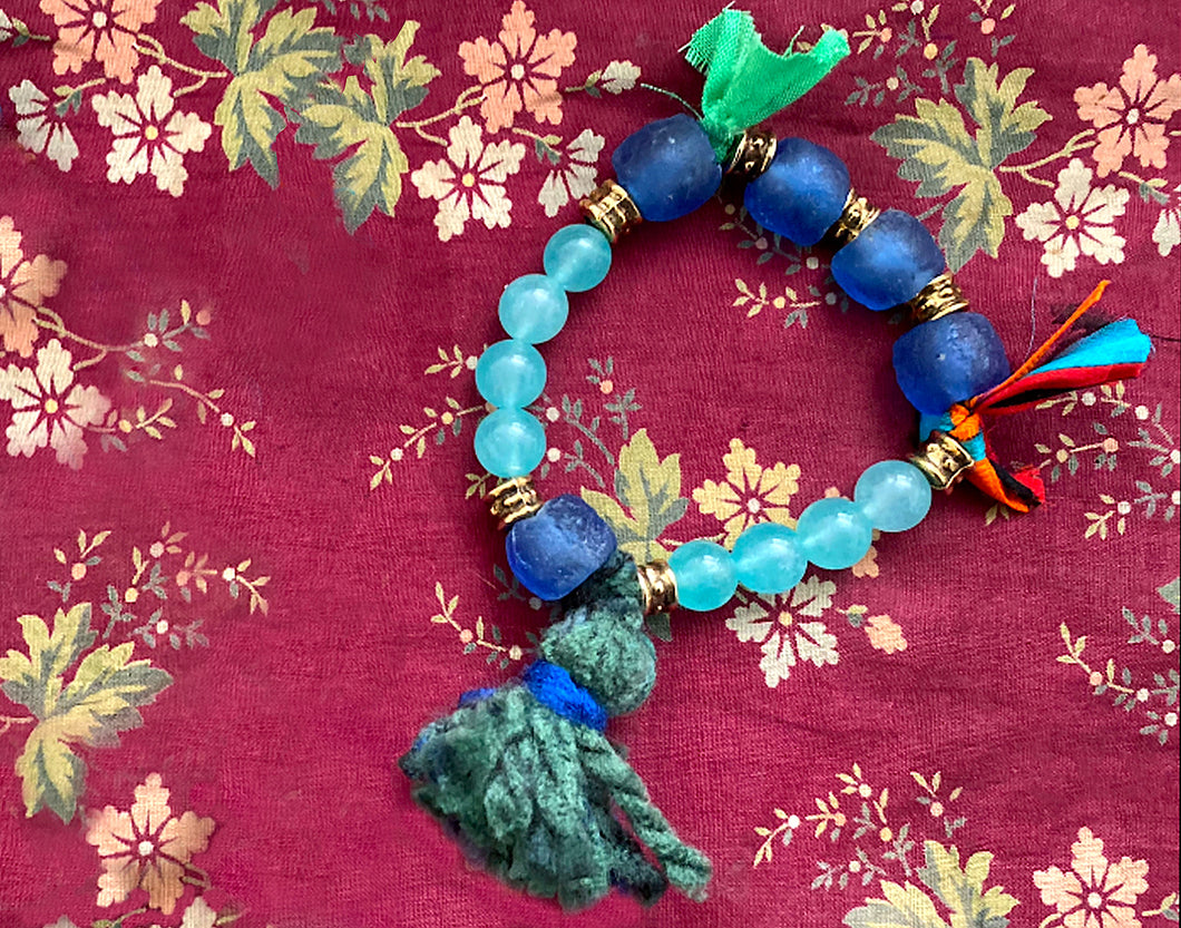 Handmade Bohemian Sky Blue and Navy Beaded Bracelet with Green/Blue/Red Tassels - #0051