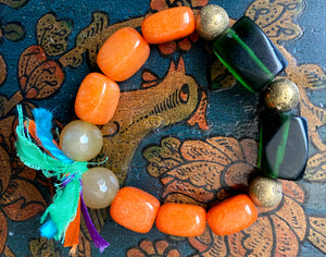 Handmade Bohemian Orange and Green Beaded Bracelet With Tassel - #0029