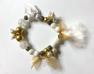 Handmade Bohemian Beryl Green/White/Gold Beaded Bracelet with Twine and White Tassels - #0045