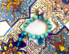 Load image into Gallery viewer, Handmade Bohemian Turquoise and Gold Beaded Bracelet with Purple/Indigo Tassels - #0053
