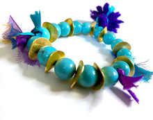 Load image into Gallery viewer, Handmade Bohemian Turquoise and Gold Beaded Bracelet with Purple/Indigo Tassels - #0053
