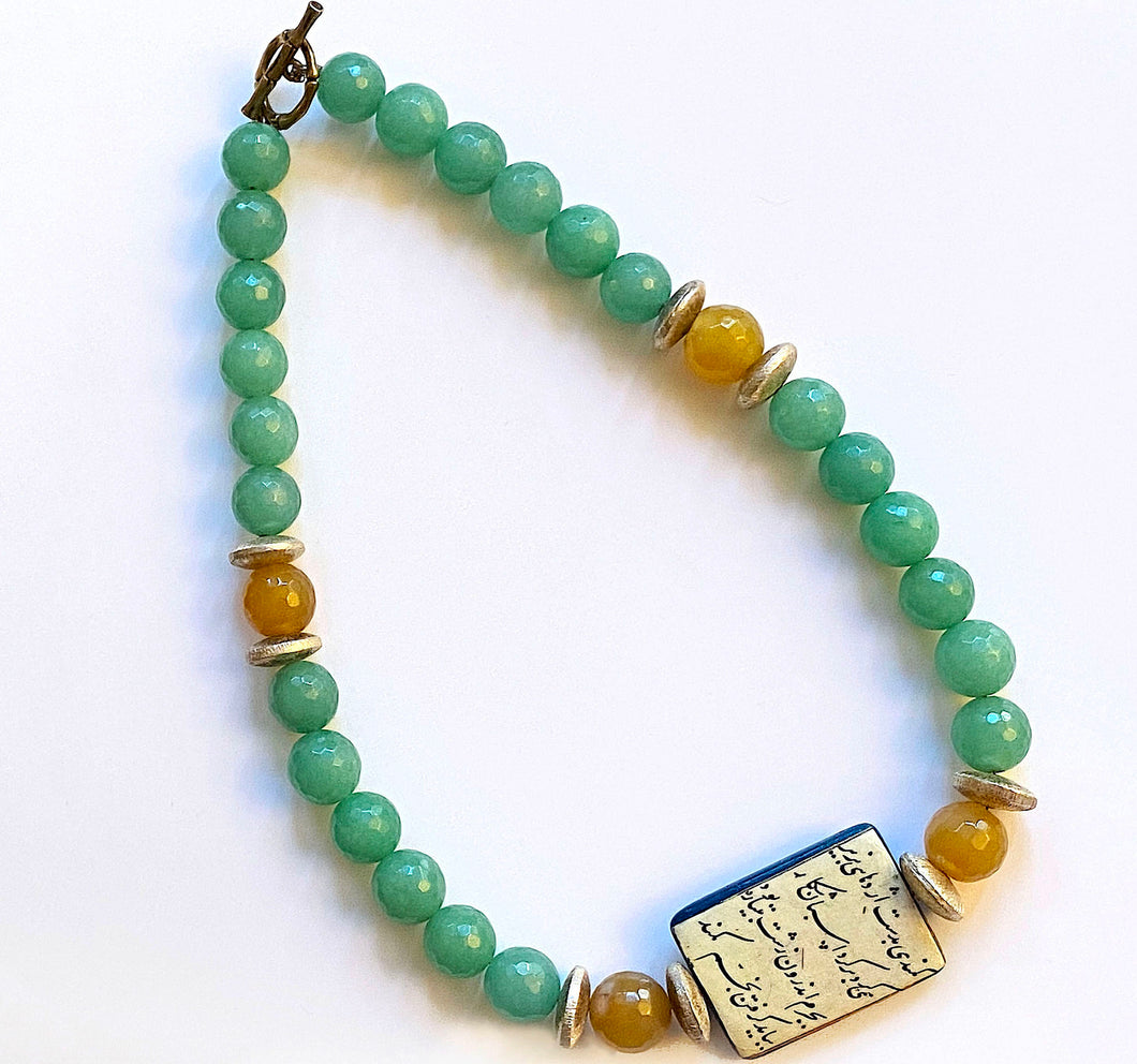 Green Beaded Necklace with Persian Shahnameh Poem Jewelry - #1005