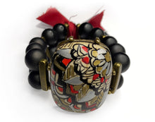 Load image into Gallery viewer, Hand Painted Jewelry Floral Mandala Pattern on Large Oval Stone with Black Beads and Gold Rectangular Beads with Red Tassels - #0066
