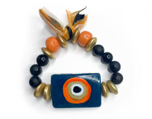 Load image into Gallery viewer, 2 in 1 Double Sided Black, Gold &amp; Orange Beaded Bracelet Jewelry with 1. This Too Shall Pass, 2. Hand Painted Evil Eye on Back - #0068
