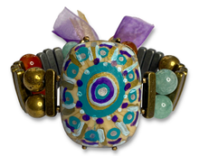 Load image into Gallery viewer, Hand Painted Mandala Large Oval Stone with Rectangular Band Bracelet with Purple Tassels - #0064
