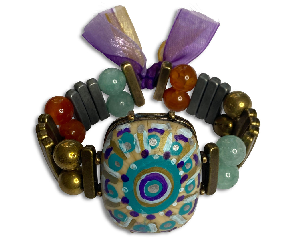 Hand Painted Mandala Large Oval Stone with Rectangular Band Bracelet with Purple Tassels - #0064