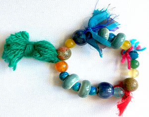 Radiant Blue and Green Beaded Bracelet with Green and Blue Tassels - #0016