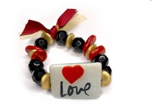 Load image into Gallery viewer, Two-in-One Red, Black and Gold Beaded Bracelet with 1. Love and heart 2. Hand Painted Evil Eye - #0065
