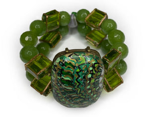 Hand Painted Mandala Large Oval Stone with Rectangular Band Bracelet with Green Tassel - #0075