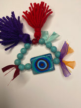 Load image into Gallery viewer, Shir-Zan. Double sided bracelet one side eye evil and one side Shir-Zan (Brave Women) with turquoise beads.
