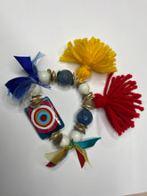 Load image into Gallery viewer, Double Sided Bracelet - 1) Red/White/Blue Evil Eye 2) This too shall pass in Farsi - Blue White silver Beads - Yellow and Red Tassels - Blue Ribbon - #0094
