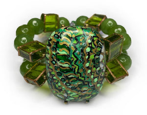 Hand Painted Mandala Large Oval Stone with Rectangular Band Bracelet with Green Tassel - #0075