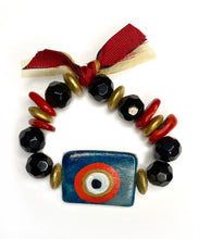 Load image into Gallery viewer, Two-in-One Red, Black and Gold Beaded Bracelet with 1. Love and heart 2. Hand Painted Evil Eye - #0065
