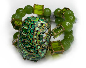 Hand Painted Mandala Large Oval Stone with Rectangular Band Bracelet with Green Tassel - #0075